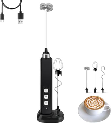Rechargeable Milk Frother with 3 Whisks